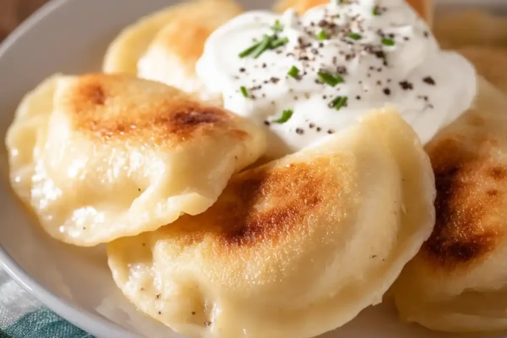 Homemade gluten-free perogies filled with creamy potato and cheese, served with melted butter and sautรฉed onions on a rustic plate.