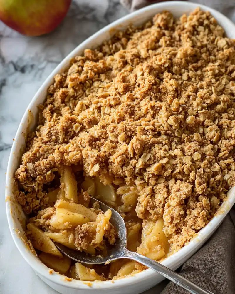 Gluten-free apple crisp in a baking dish with a golden oat topping just out of the oven.