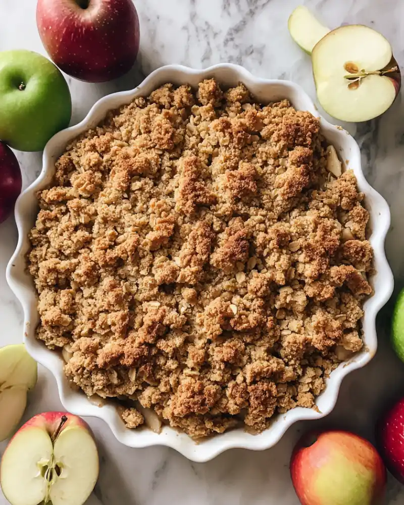 Warm serving of gluten-free apple crisp in a white bowl topped with a scoop of vanilla ice cream.