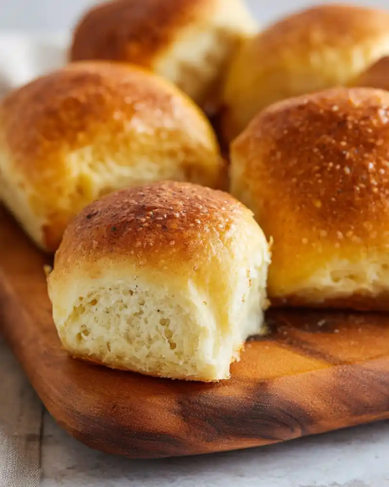 Soft, golden gluten-free dinner rolls on a rustic wooden board, brushed with melted butter and showing a fluffy, tender crumb inside.