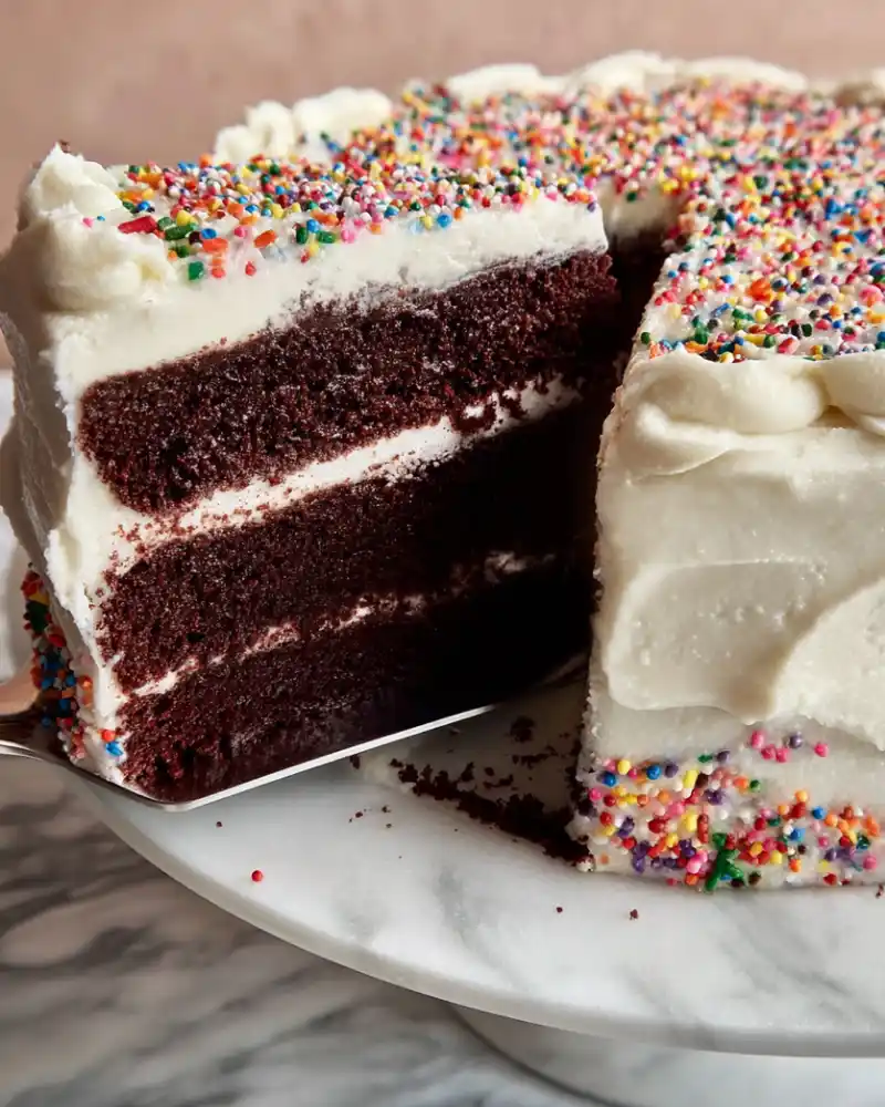 gluten-free chocolate cake with vanilla frosting.