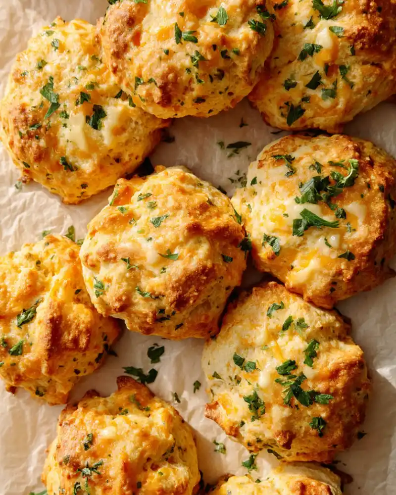 gluten free cheddar bay biscuits on a parchment-lined baking sheet
