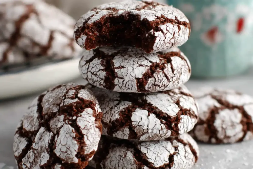 Gluten-free chocolate crinkle cookies with crackled powdered sugar.