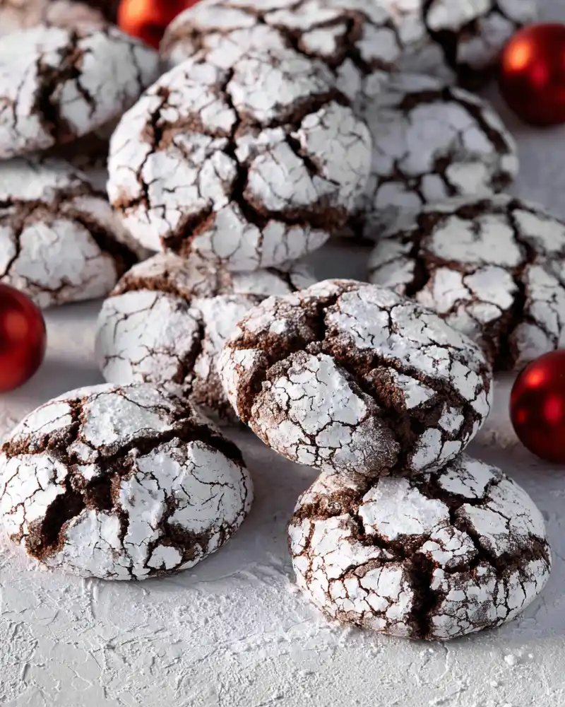 Gluten-free chocolate crinkle cookies with crackled powdered sugar.