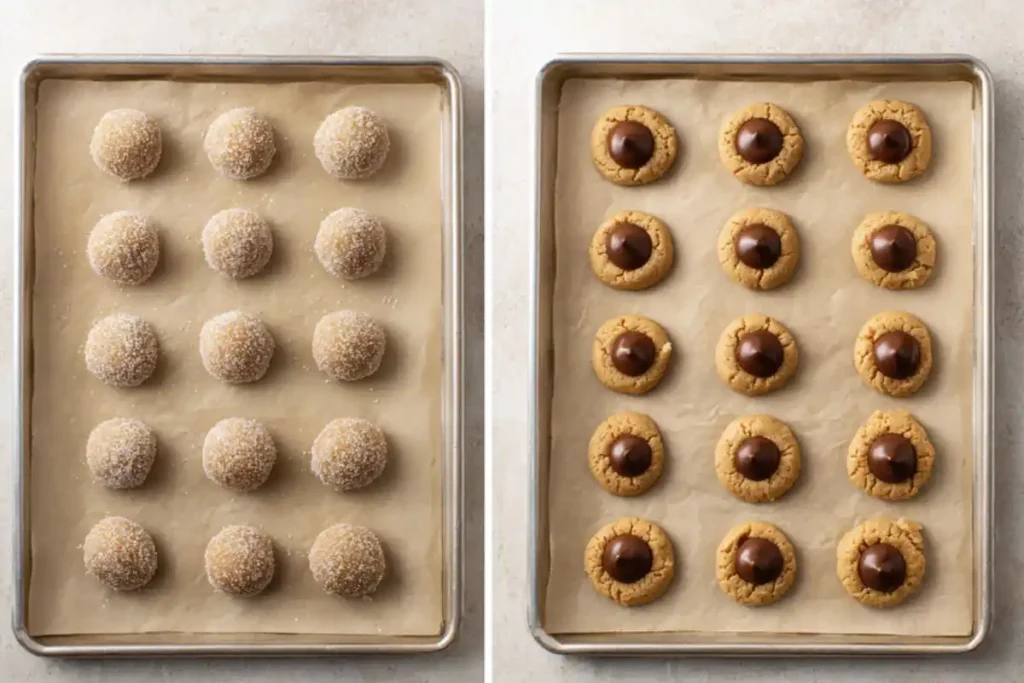 Gluten-Free Peanut Butter Blossom Cookies with chocolate kisses on a baking sheet.