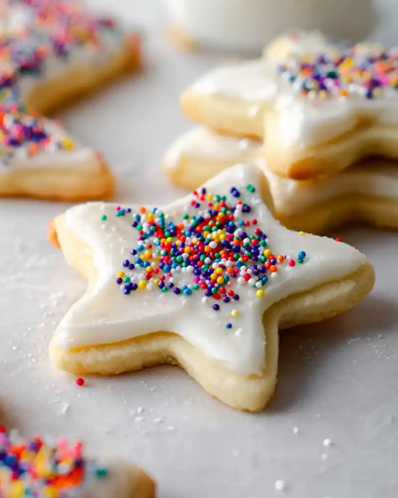 Gluten-Free Sugar Cookies iced with white frosting and topped with rainbow sprinkles.