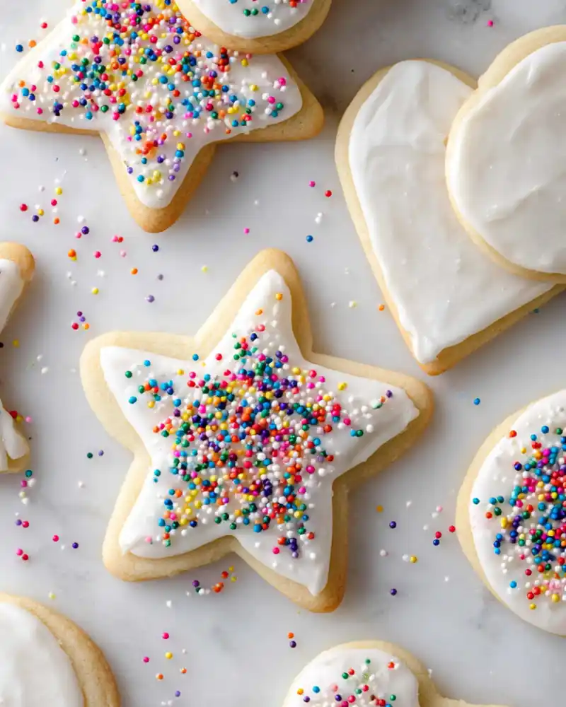 Gluten-Free Sugar Cookies with white icing and rainbow sprinkles in star, heart, and circle shapes.
