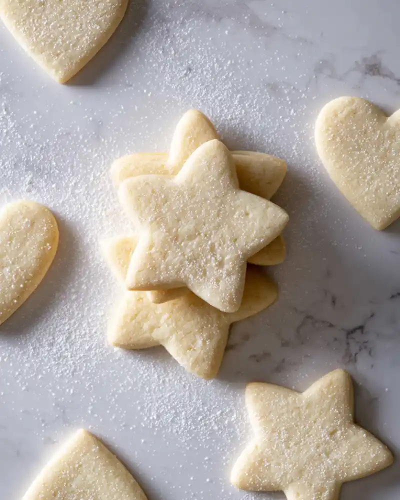 Gluten-Free Sugar Cookies cut into star and heart shapes on a marble surface with powdered sugar.