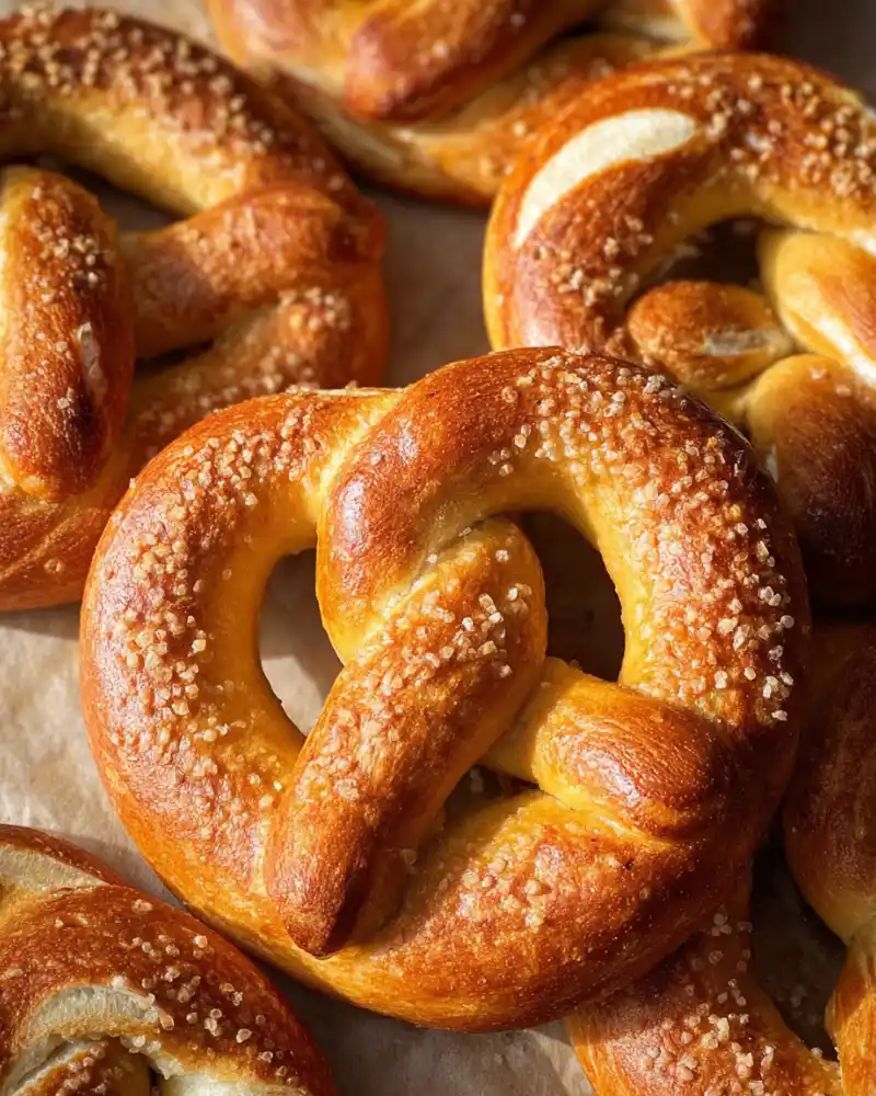 Baked gluten-free Bavarian soft pretzels sprinkled with coarse salt on parchment paper.