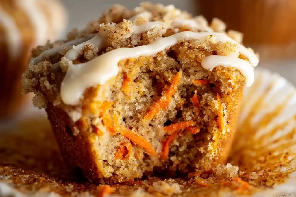 Close-up of a moist gluten-free carrot cake muffin with cream cheese glaze drizzle.
