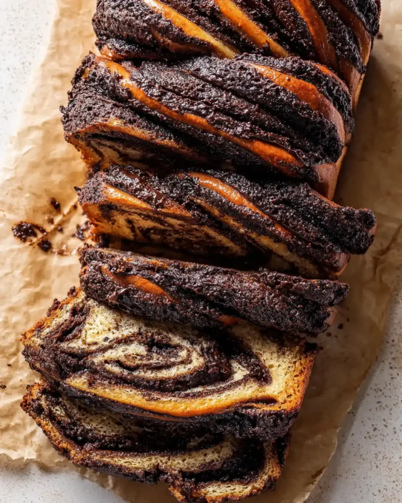 Gluten-Free Chocolate Babka Loaf with glossy chocolate swirls on parchment paper