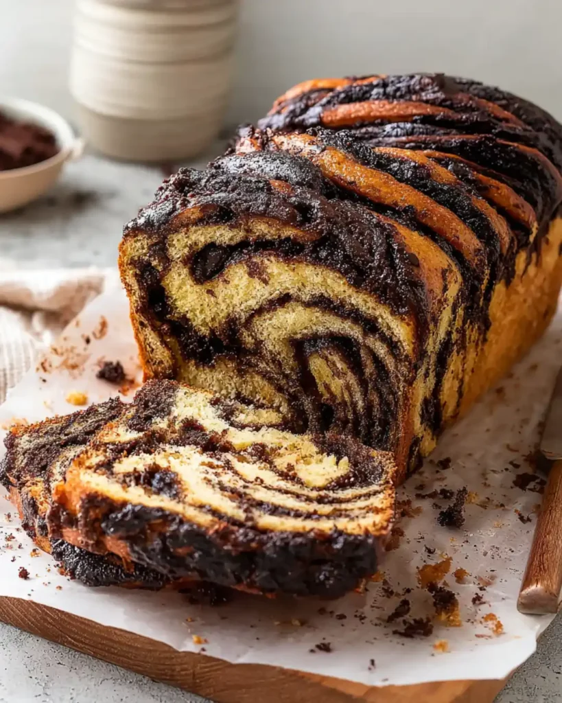 Gluten-Free Chocolate Babka Loaf with glossy chocolate swirls on parchment paper