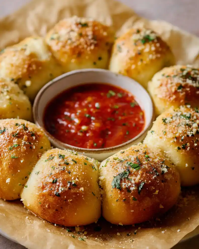 Gluten-Free Cheesy Garlic Pull-Apart Bread baked in round pan with marinara dipping sauce
