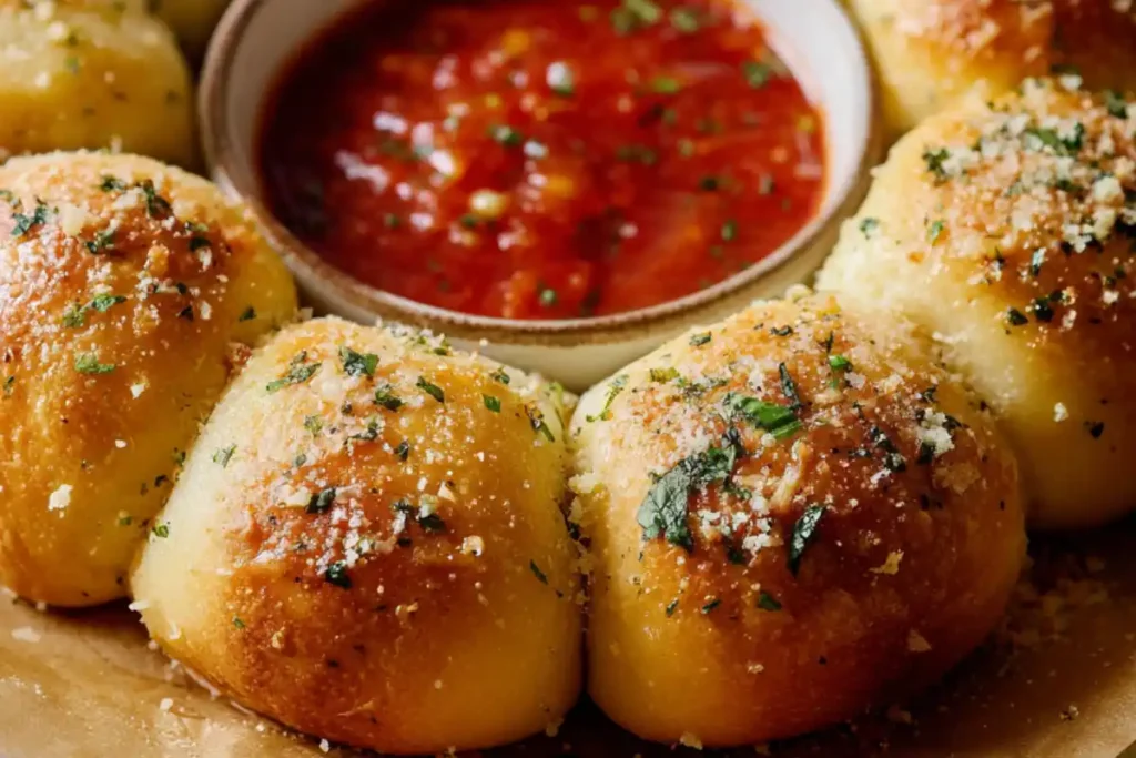 Gluten-Free Cheesy Garlic Pull-Apart Bread baked in round pan with marinara dipping sauce