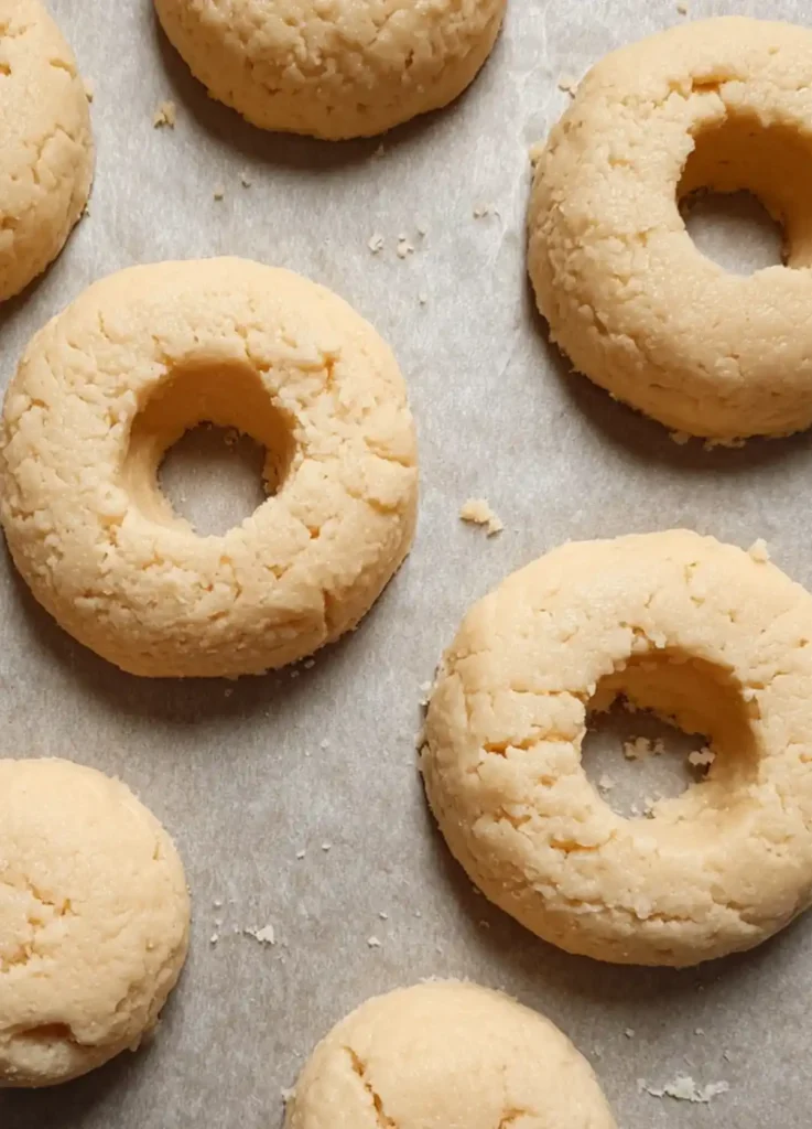 raw gluten-free donut dough rings shaped and ready for frying on parchment paper