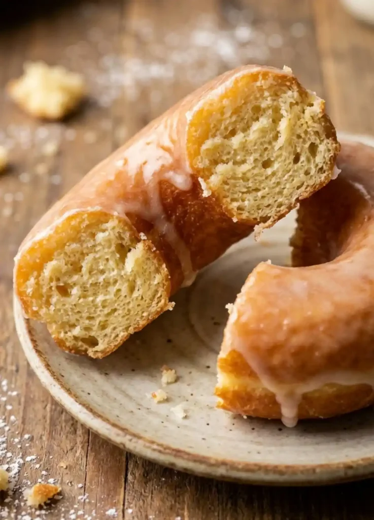 gluten-free glazed donut cut open showing soft fluffy interior texture