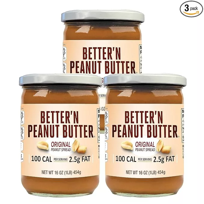 Original Low Fat Peanut Butter Spread by Better’n Peanut Butter, Creamy Low-Calorie Peanut Spread with No Saturated Fat, Gluten Free, Dairy Free, Non GMO, Kosher, Pack of 3, 16 oz. Glass Jars