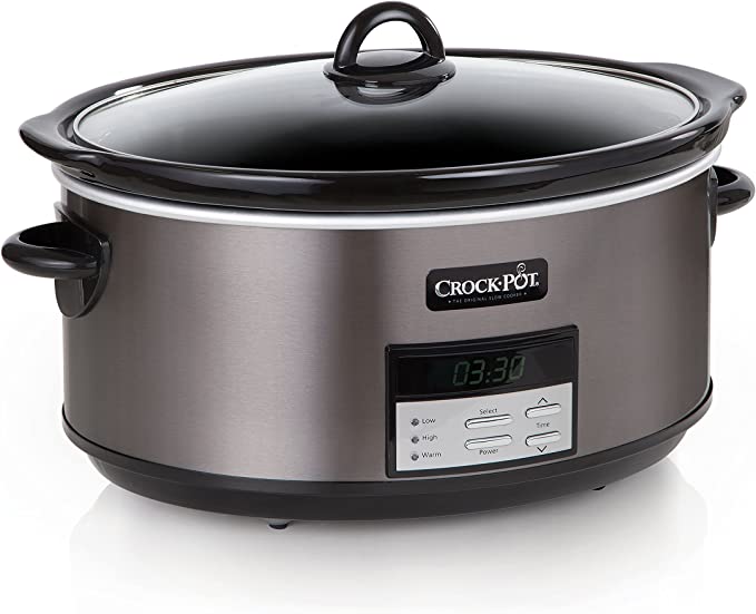 Crockpot 8 Quart Slow Cooker with Auto Warm Setting and Cookbook, Black Stainless Steel