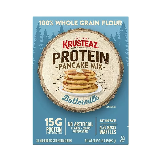 Krusteaz Protein Pancake Mix, Buttermilk Pancake Mix, 100% Whole Grain Flour & 15g of Protein Per Serving, Also Makes Waffles, Just Add Water (1.25 Pound (Pack of 2))