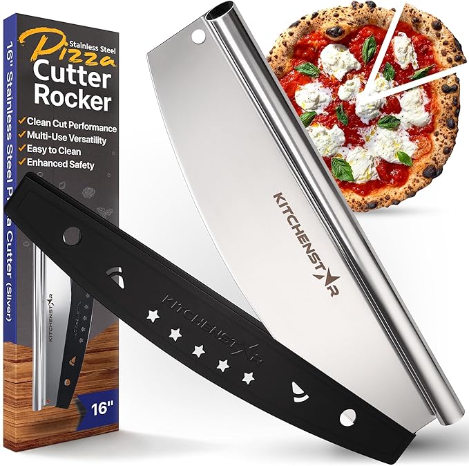 16" Pizza Cutter Rocker Blade by KitchenStar - Sharp Stainless Steel Slicer Knife w Protective Cover, Dishwasher Safe Pizza Oven Accessories, Silver