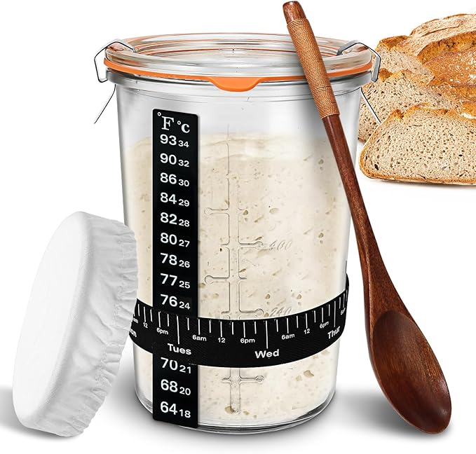 Sourdough Starter Jar Glass, Wide Mouth Sourdough Starter Jars, Sourdough Starter Kit with Wooden Spoon, Cloth Cover, Glass Lids, Sourdough Starter Jar 27oz for Sourdough Bread Baking Supplies