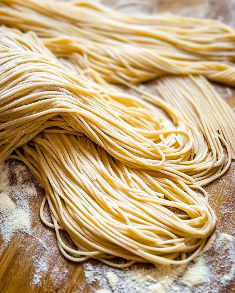 A close-up of freshly made sourdough pasta dough being rolled out on a floured surface, ready to be cut into noodles.