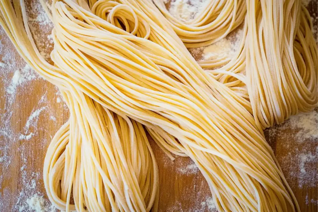 Fresh sourdough pasta dough rolled thin on a floured surface, ready for cutting and cooking.