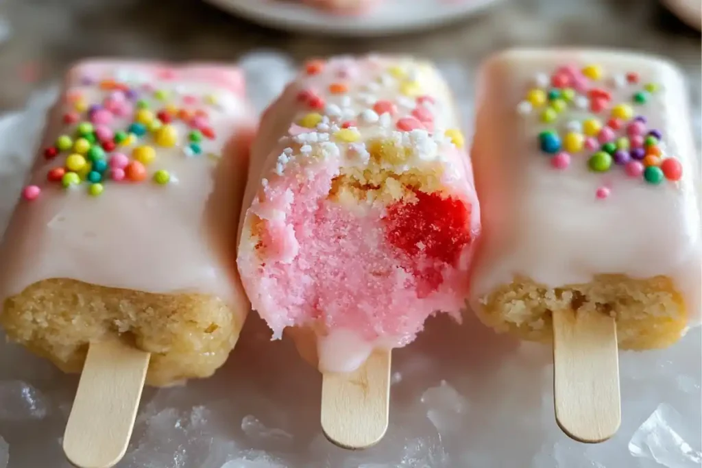 gluten free cakesicles decorated with colorful sprinkles
