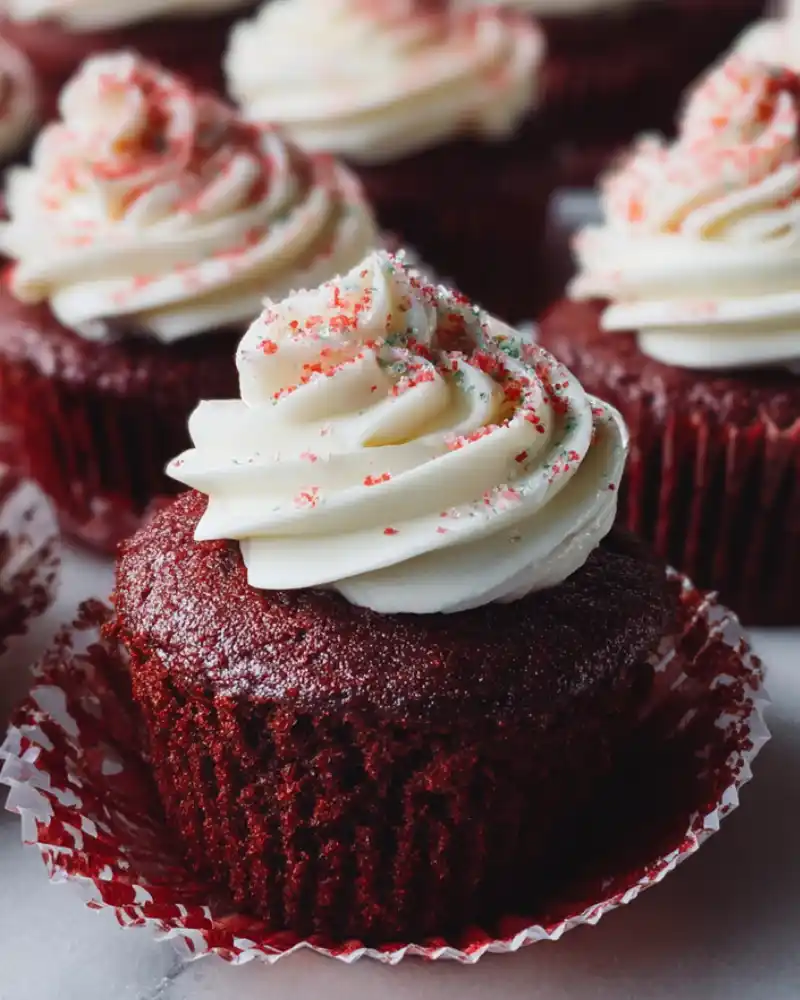 Cream cheese frosting on gluten free red velvet cupcakes