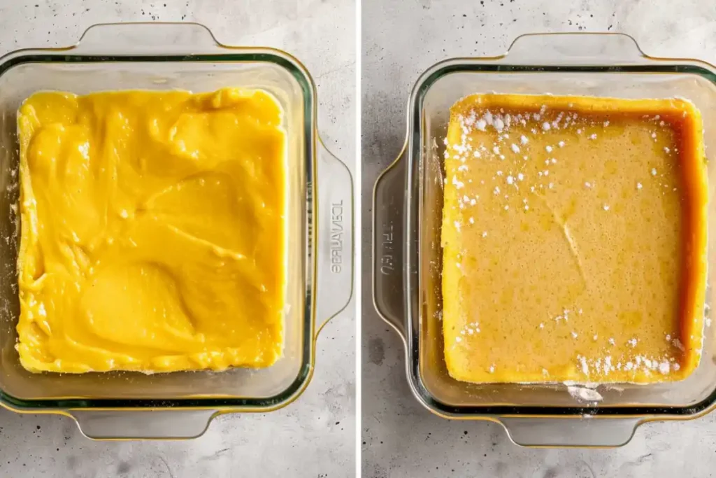 Two glass baking dishes side by side showing lemon bar filling poured over crust and after baking to a golden finish.