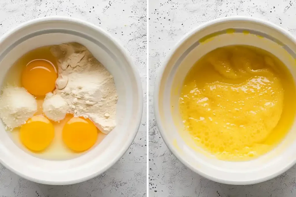 Two white mixing bowls with lemon bar filling ingredients before and after whisking until smooth, on a light gray background.