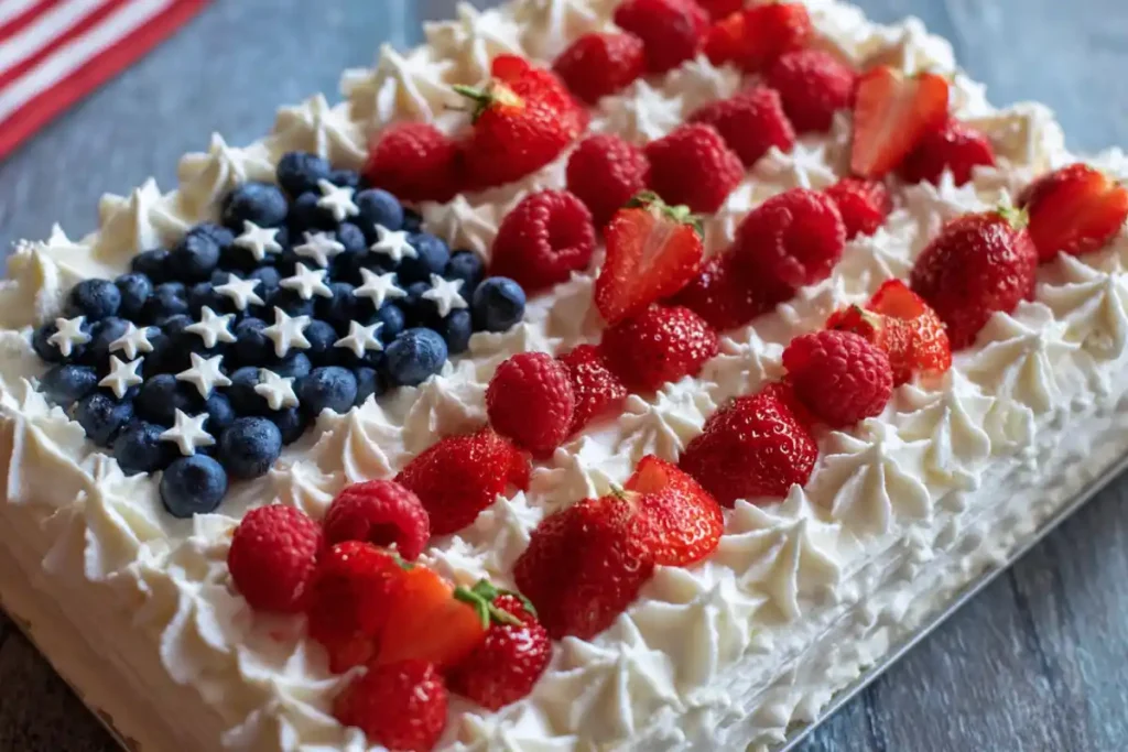 Gluten free American flag cake with fresh berries and frosting