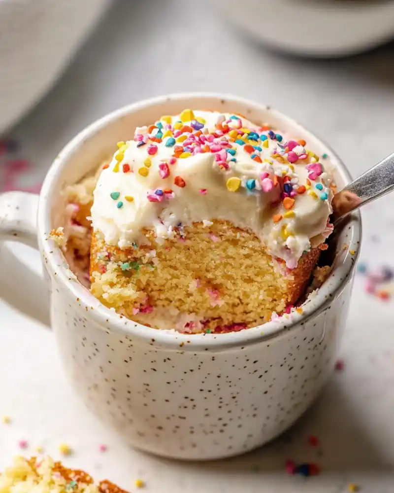 Gluten-free funfetti mug cake with rainbow sprinkles in a ceramic mug