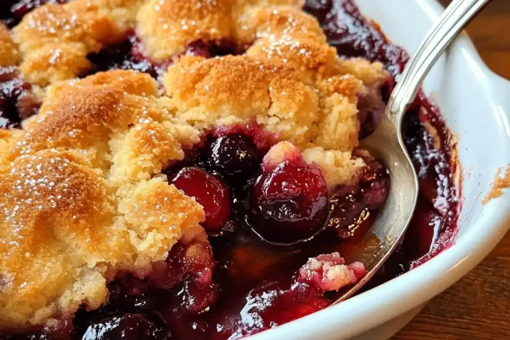 gluten free cherry cobbler in baking dish with golden topping