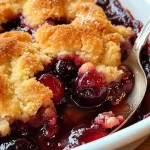 gluten free cherry cobbler in baking dish with golden topping