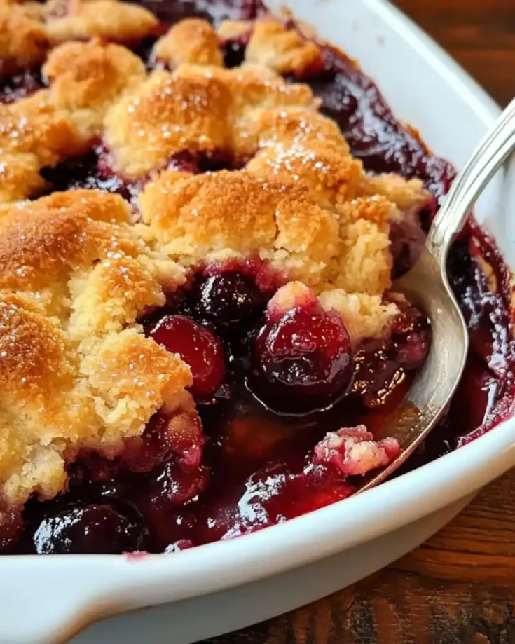 spooning gluten free cobbler topping onto cherry filling