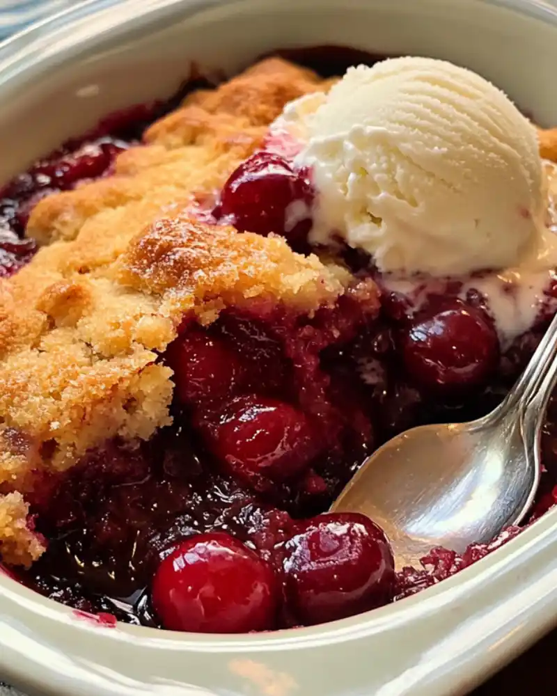 serving of gluten free cherry cobbler with vanilla ice cream