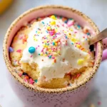 Gluten-free funfetti mug cake topped with colorful sprinkles in a white mug