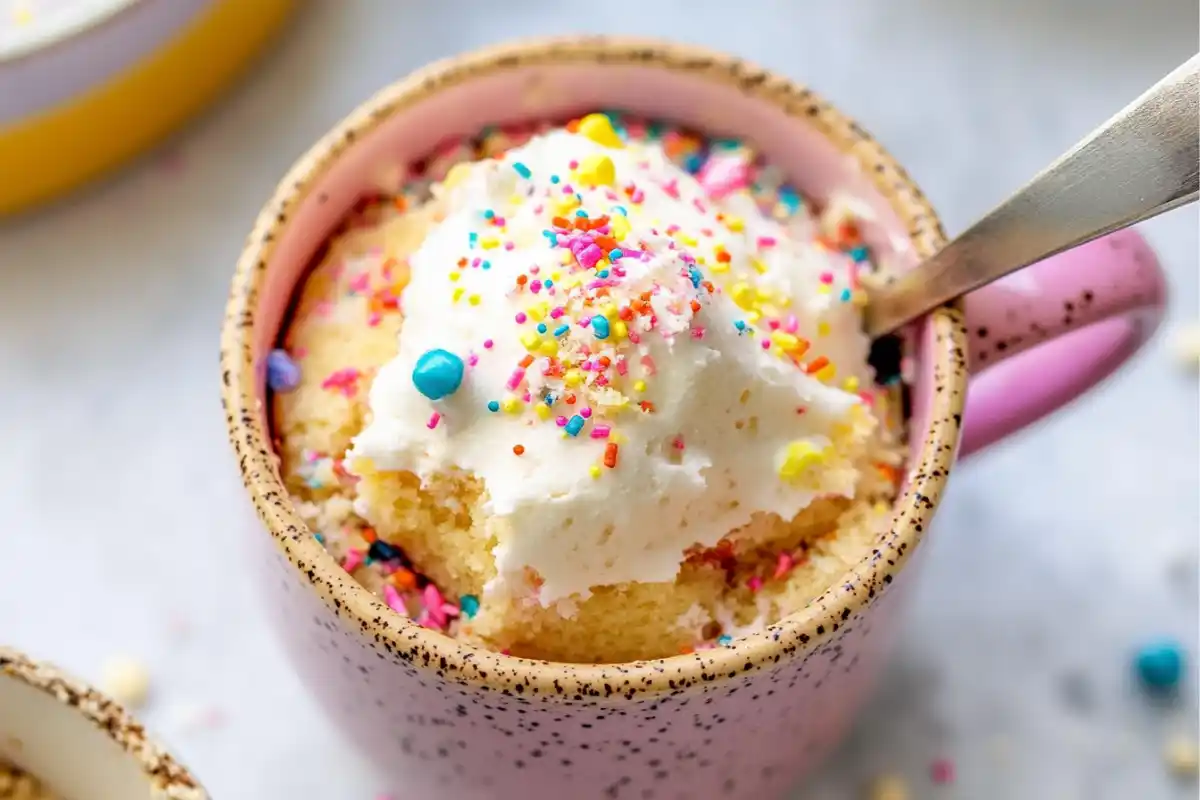 Gluten-free funfetti mug cake topped with colorful sprinkles in a white mug