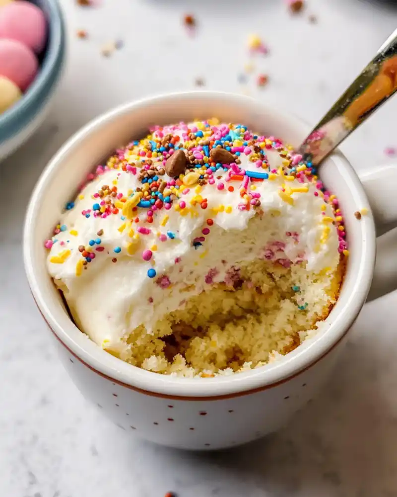 Gluten-free funfetti mug cake topped with colorful sprinkles in a white mug