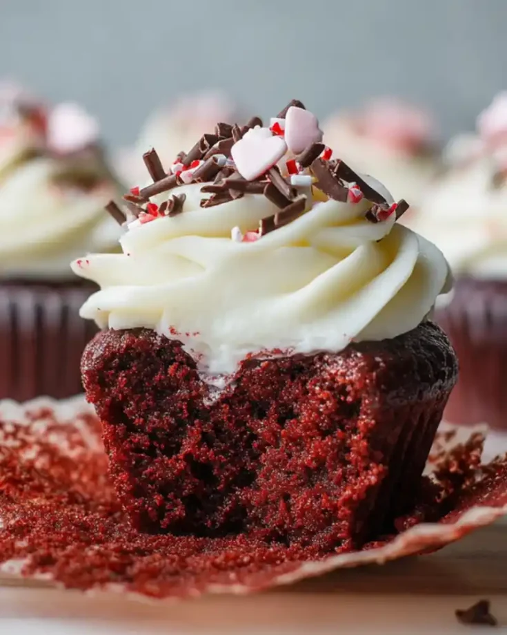gluten free red velvet cupcakes on white plate with frosting