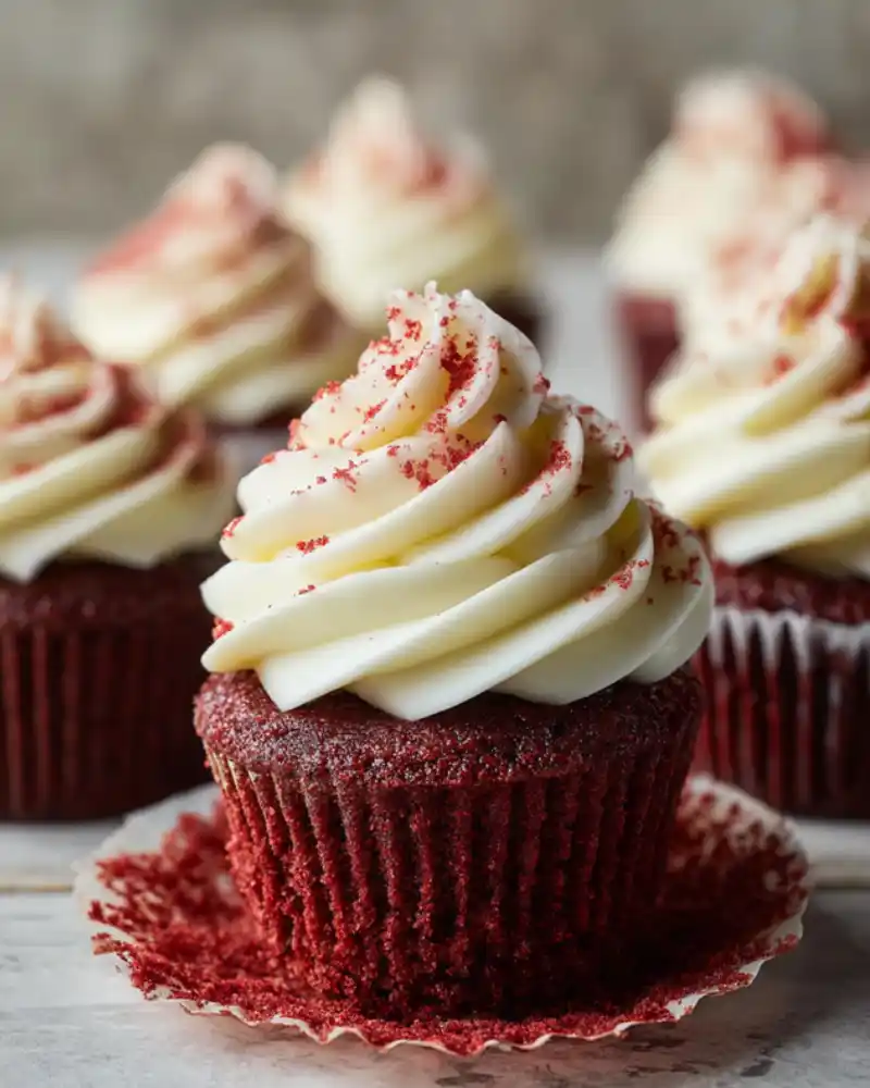 gluten free red velvet cupcakes on white plate with frosting