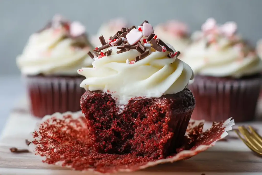 gluten free red velvet cupcakes on white plate with frosting