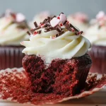 gluten free red velvet cupcakes on white plate with frosting