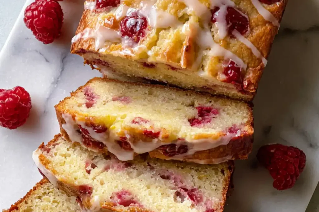 gluten free raspberry lemon loaf with glaze and raspberries