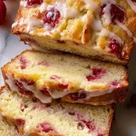 gluten free raspberry lemon loaf with glaze and raspberries
