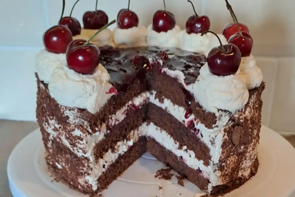 Gluten-Free Black Forest Gateau with chocolate, cherries, and cream