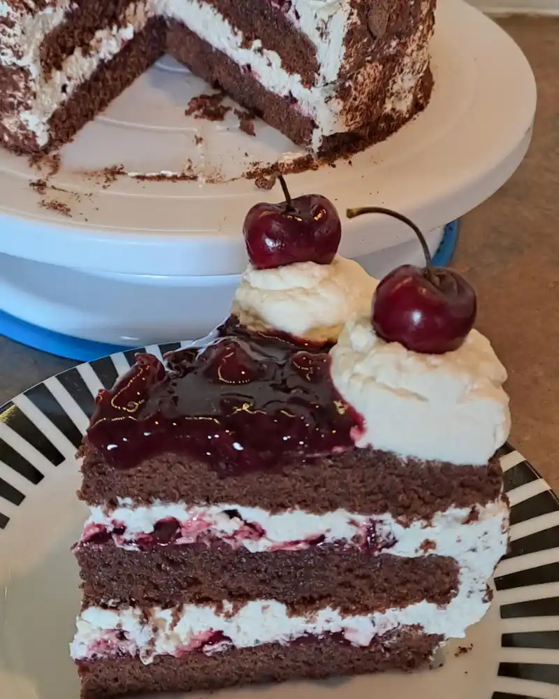 Gluten-Free Black Forest Gateau with chocolate, cherries, and cream