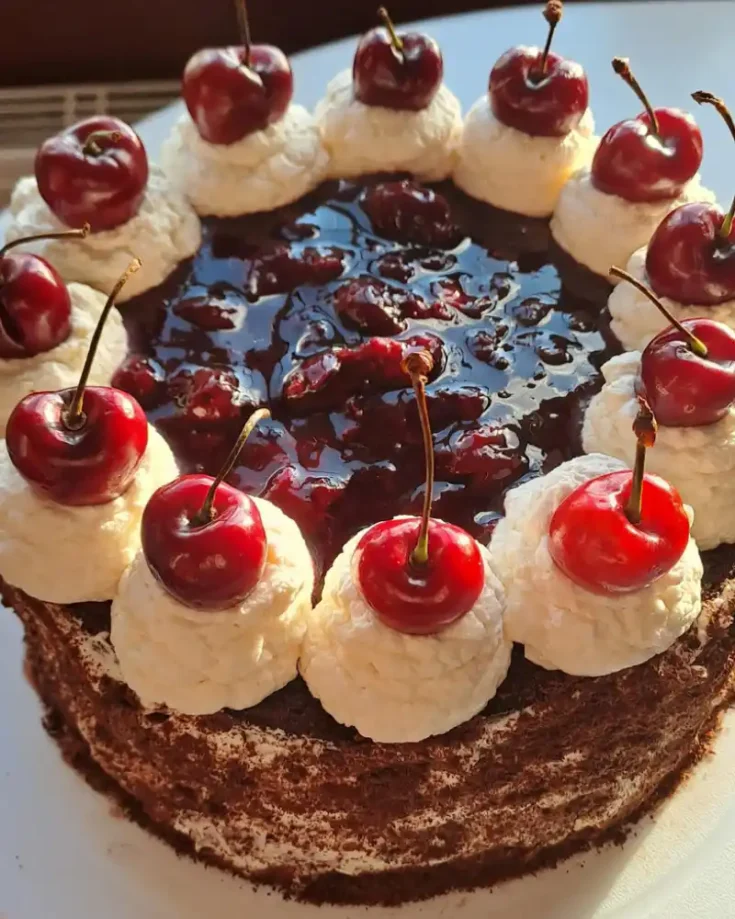 Gluten-Free Black Forest Gateau with chocolate, cherries, and cream