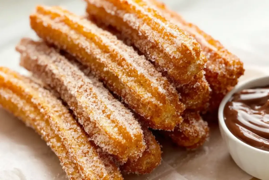 Golden crispy gluten-free churros coated in cinnamon sugar with chocolate dip